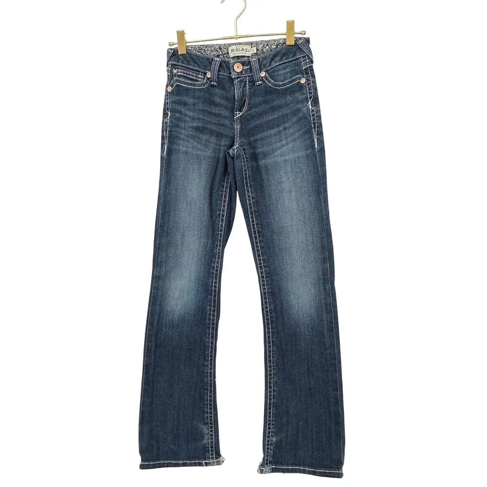 Ariat REAL Bootcut Jeans Kids Size 14 Blue Dark Wash Contrast Stitching - Picture 2 of 16